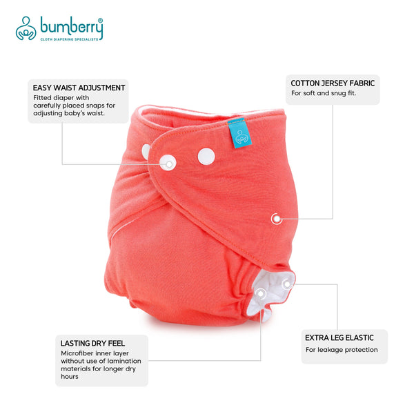 Bumberry Smart fitted ( 3 Pc Pack) - Cotton Reusable  one piece diapering with built-in insert ( 0-6 months) (Peech , Sand , Grey )