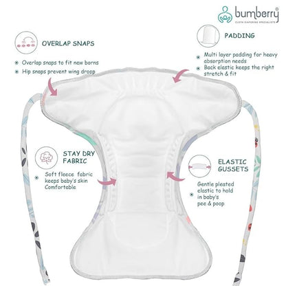 Bumberry New & Improved Smart Nappy for Just Borns (0-3 months)| Holds Upto 3 Pees With Extra Absorption & 100% Leak Protection All in One Reusable Cloth Diaper - 5 Piece Pack