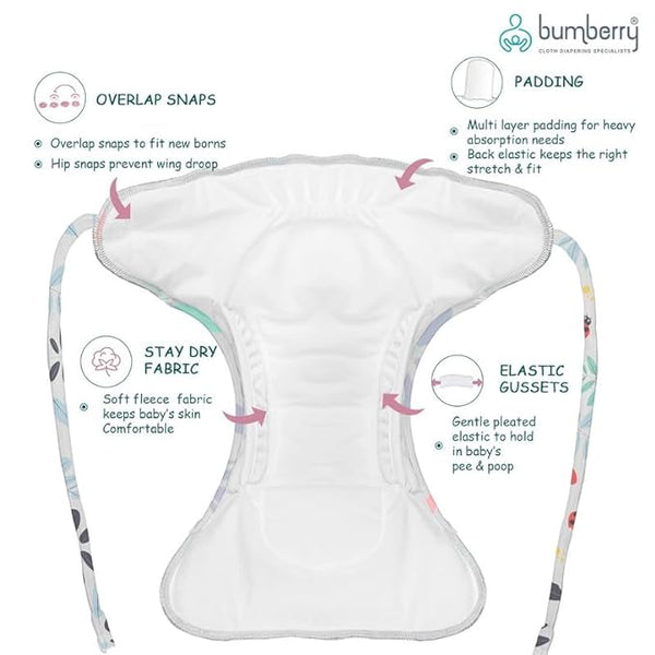 Bumberry New & Improved Smart Nappy for Just Borns (0-3 months)| Holds Upto 3 Pees With Extra Absorbtion & 100% Leak Protection All in One Reusable Cloth Diaper - 5 Piece Pack