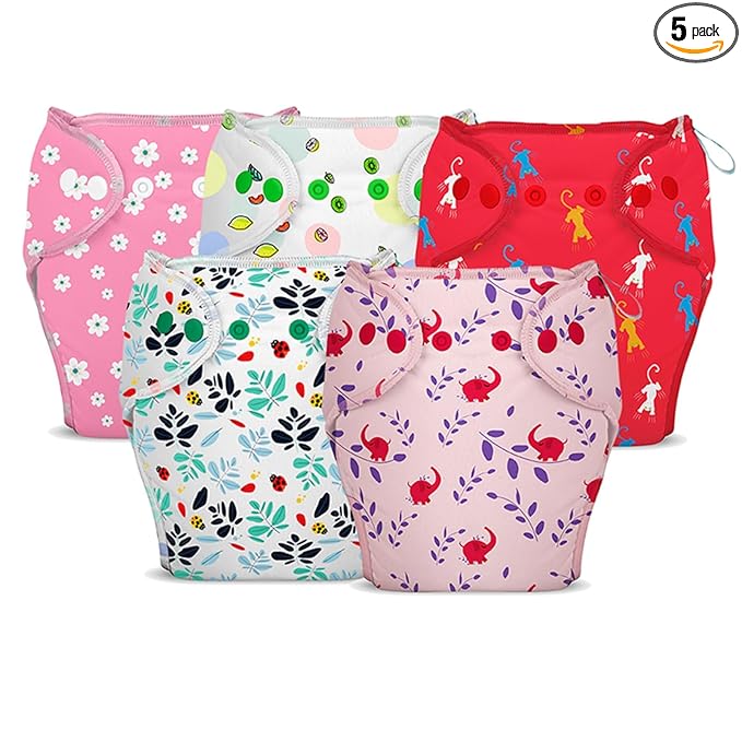 Bumberry New & Improved Smart Nappy | Holds Upto 3 Pees With Extra Absorbtion & 100% Leak Protection All in One Cloth Diaper - 5 Pcs - Kit 2