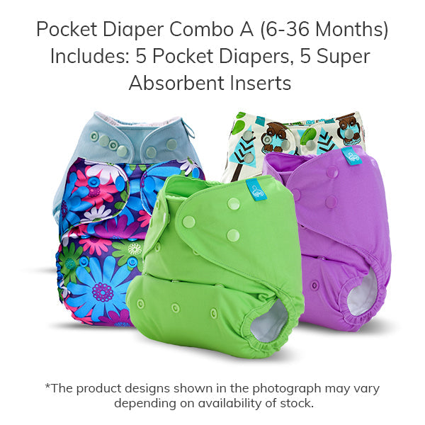 Pocket Diaper Combo A (6-36 Months) 5 Piece Pack with 5 Super Absorbent Inserts