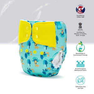 Advanced Pocket Diaper 2.0 Combo (6-36 Months) 5 Piece Pack with 5 wet-free inserts (Brush Storke, Camo, Splatter, Baby Giraffe, Catscape)