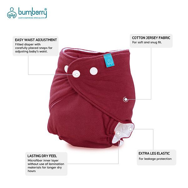 Bumberry Smart fitted ( 3 Pc Pack) - Cotton Reusable  one piece diapering with built-in insert ( 0-6 months) (Maroon, sand, grey)