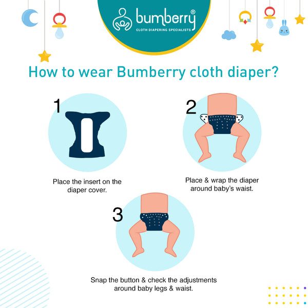 Bumberry Baby Pocket Diaper 2.0- Waterproof Reusable & Adjustable Cloth Diaper with leg gusset, wetfree lining & 2 extralong wetfree insert(6 -36 months,Brush stroke)