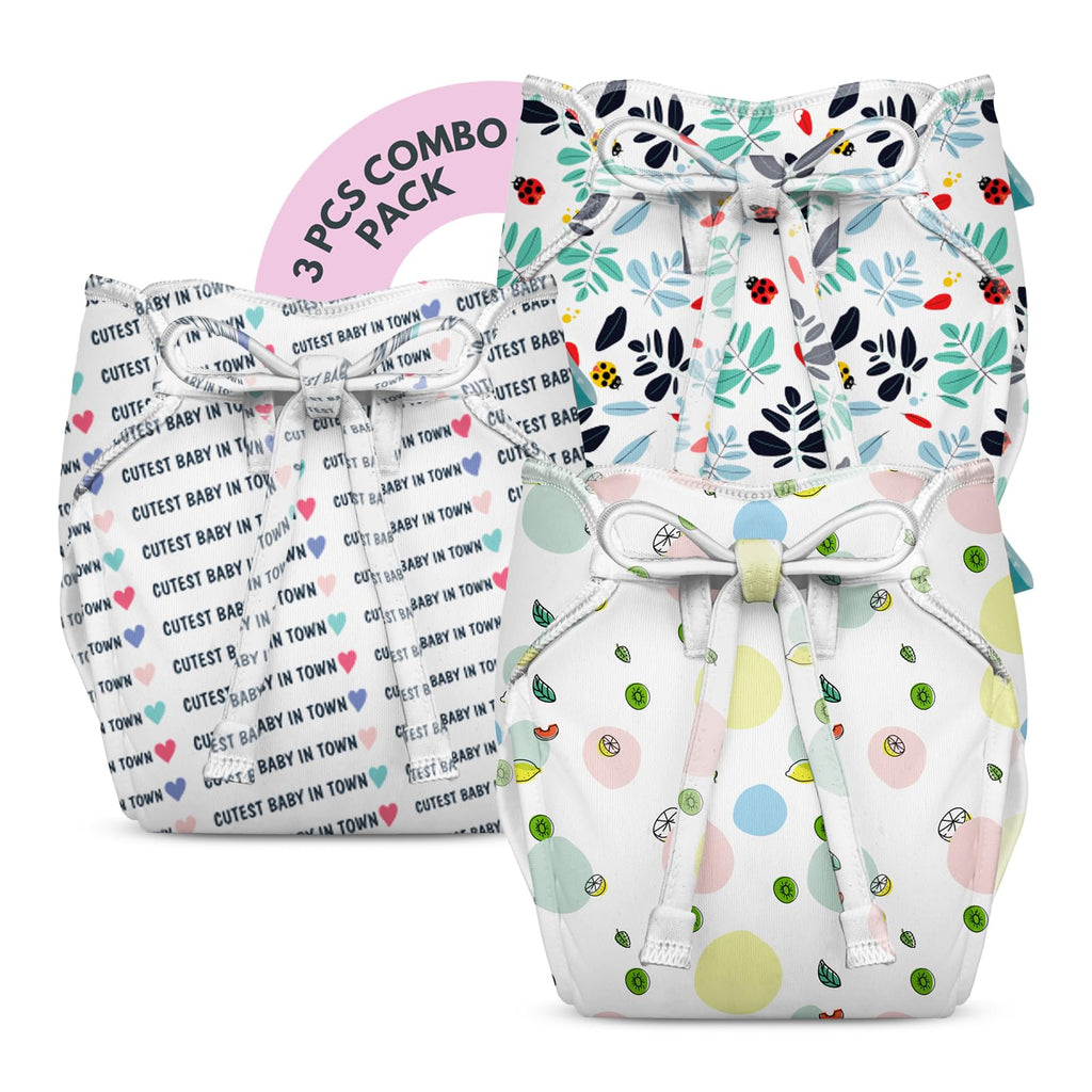 bumberry Smart Nappy Cloth Diaper Combo Of 3 Count With Size Adjustable Band|Reusable Diaper Leak Proof Rash Free Smart Langot For New Born Babies(0-6 Months) - Fruityline, Cute Baby, Leaves & Bugs