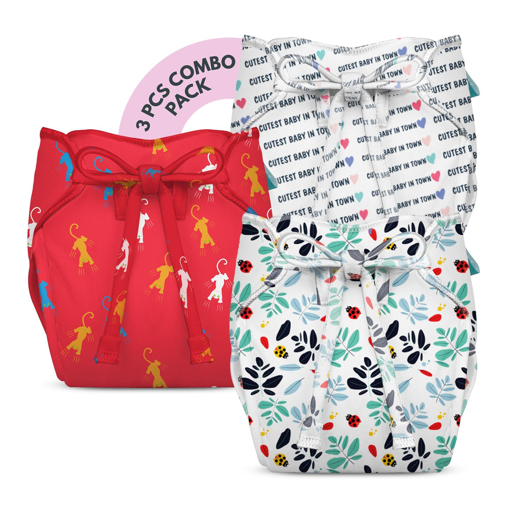 bumberry Smart Nappy New Born Baby Cloth Diaper Combo With Size Adjustable Band&Wet Free Inserts|Reusable Diaper|Smart Langot For Babies (0-3 Months) (Catscape, Leaves&Bugs, Cute Baby Print), 3 Count