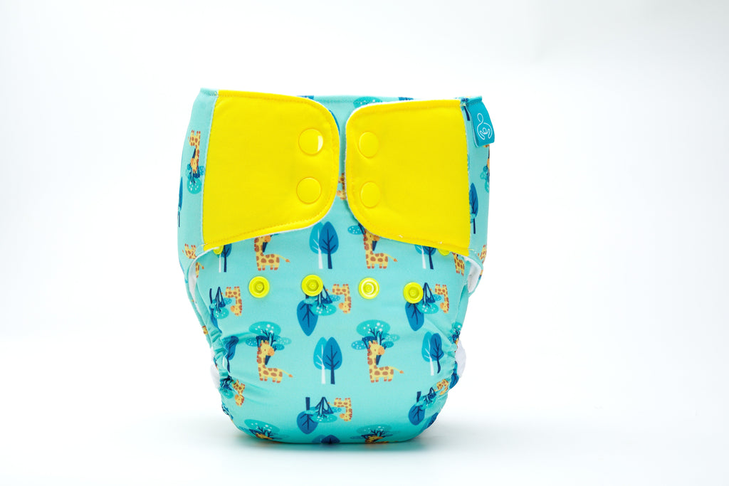 Bumberry Baby Pocket Diaper 2.0- Waterproof Reusable & Adjustable Cloth Diaper with leg gusset, wetfree lining & 2 extralong 100% cotton insert(6 -36 months, Baby Giraffe)