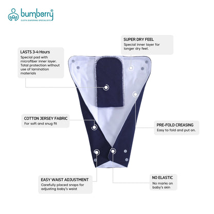 Bumberry Smart Prefold Diaper (2 Pc Pack) - Cotton Reusable one piece diapering with waist adjustment and extra insert attached ( 0 - 6 Months ) ( Maroon , Navy )